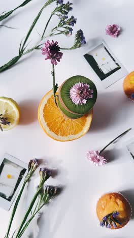 floral fruit arrangement with cupcakes