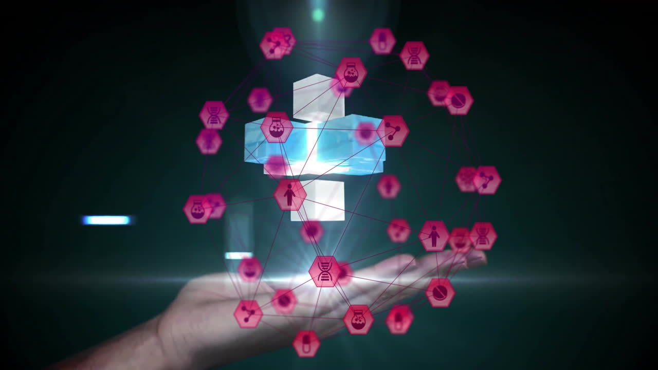 Holding digital network, hand with red hexagons and blue cross in animation design