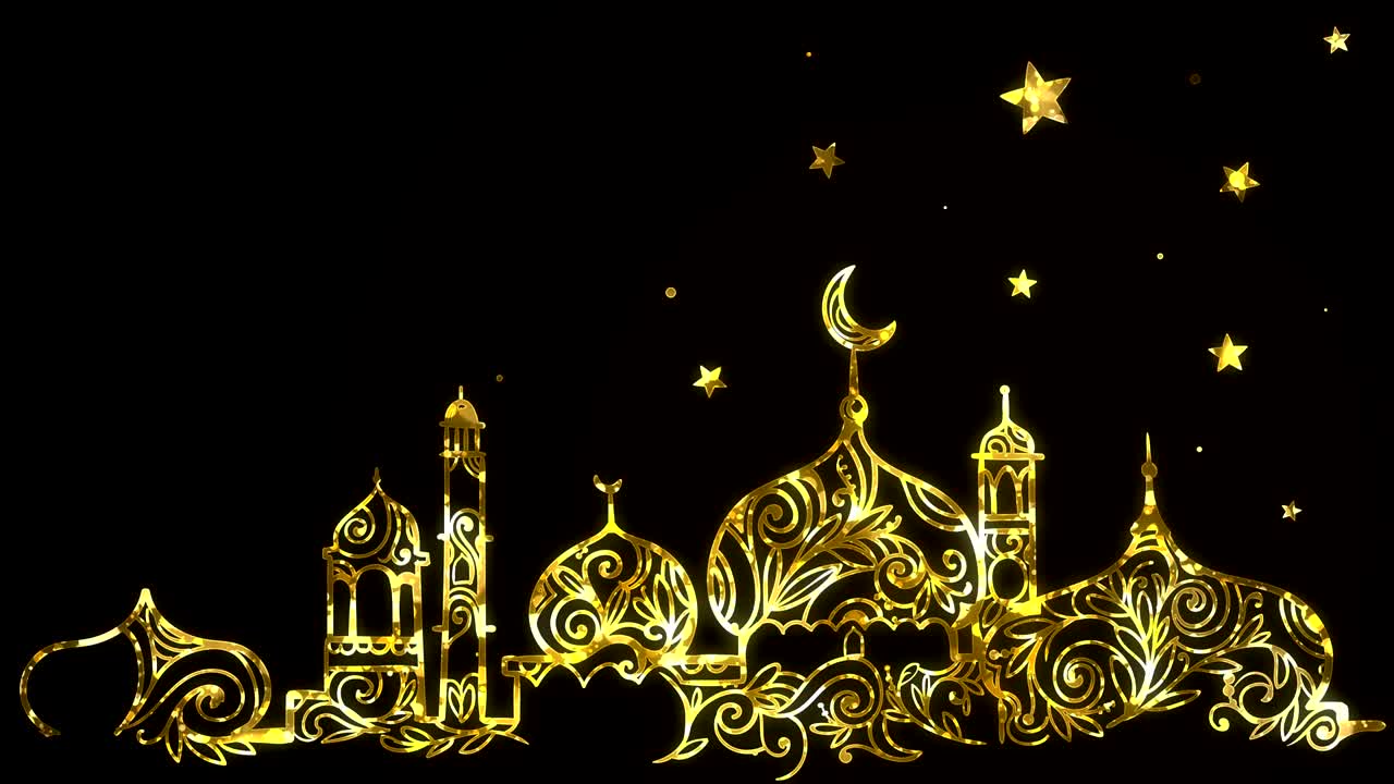 Ramadan background with mosque, crescent moon and star background, looped