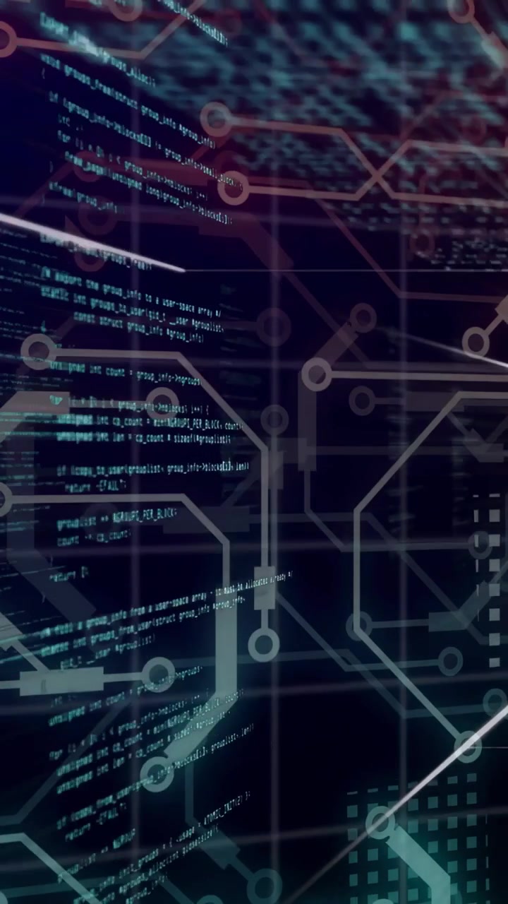 Vertical video: On load circuit overlay animating code panels scrolling beams sweeping showing data