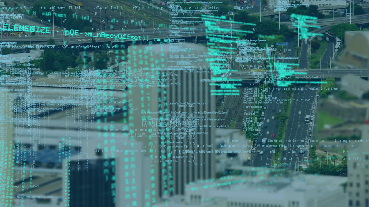 Animation of data processing over cityscape