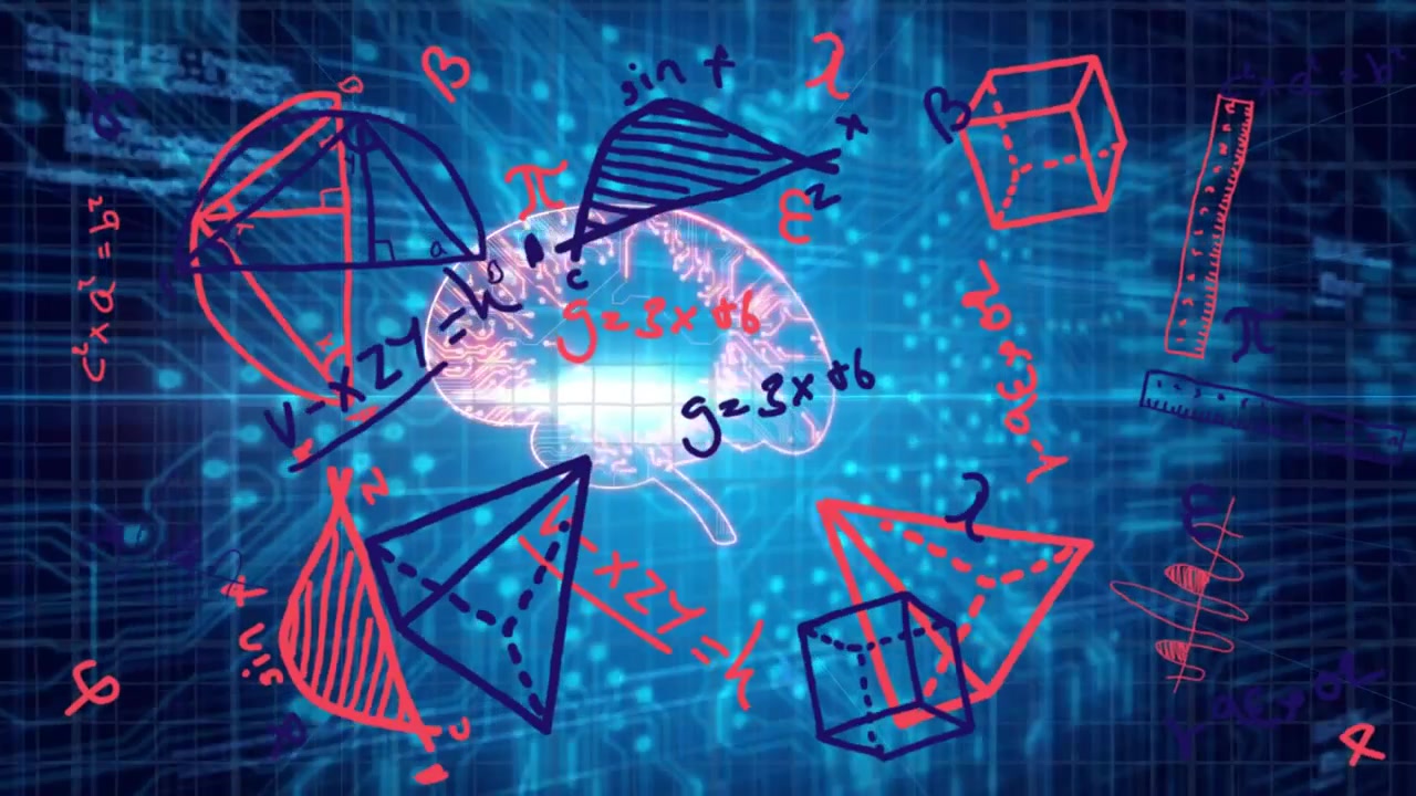 Digital Brain Illustration with Mathematical Formulas and Geometric Shapes