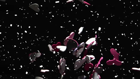 animation of multiple hearts and confetti falling over black background