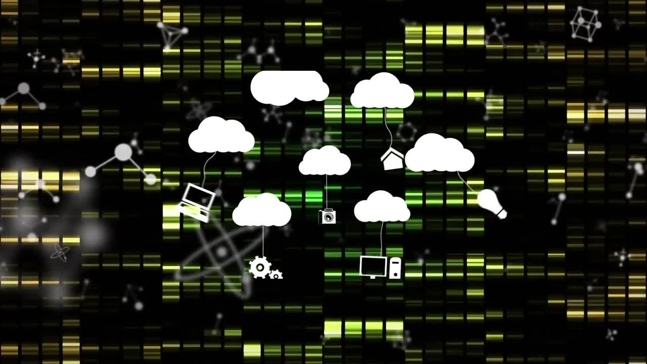 animación de nubes con iconos sobre columnas y moléculas en movimiento