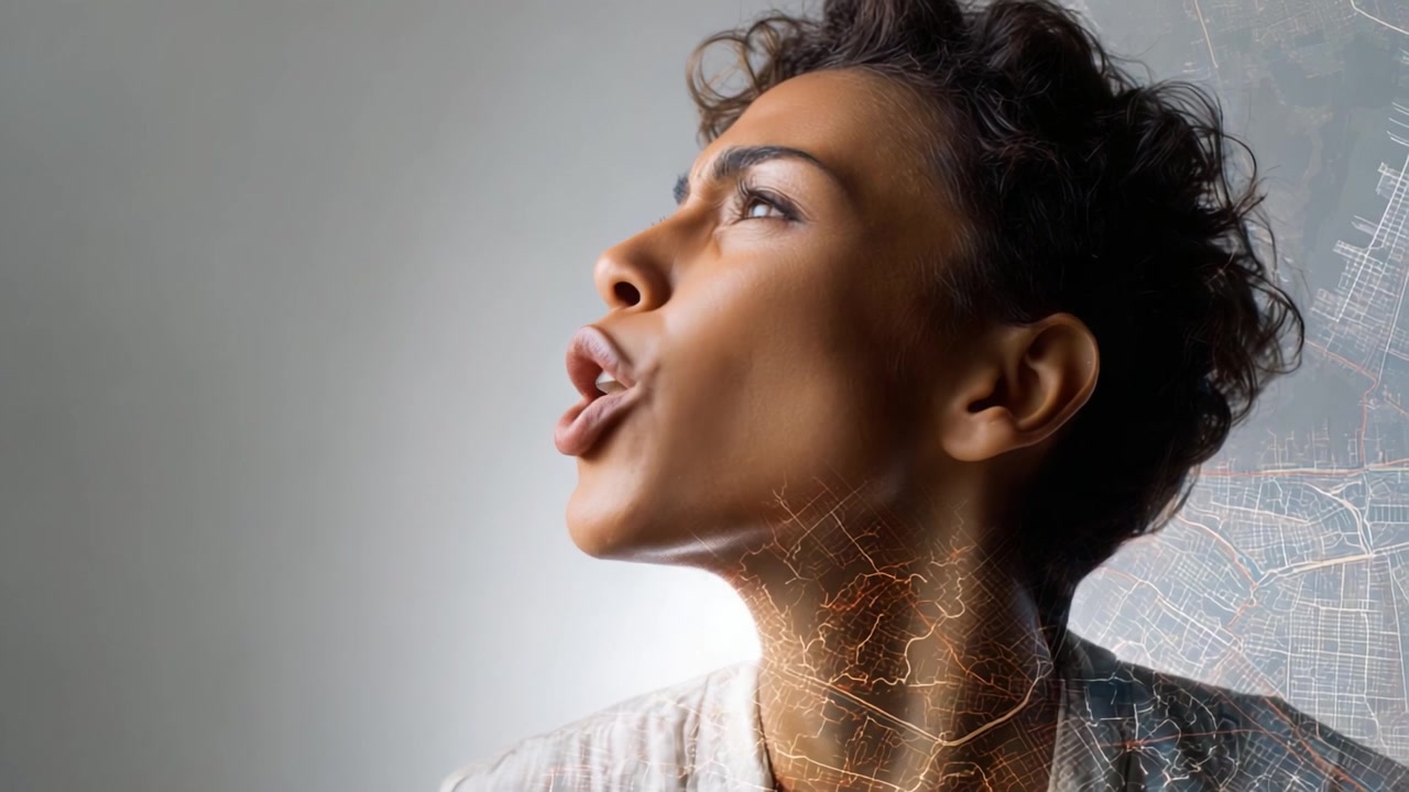 An expressive individual passionately articulating emotions through powerful vocalization, combining human expression with a creative digital landscape background.