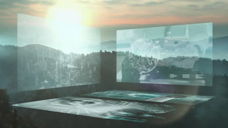 Animation of screens with data processing over landscape