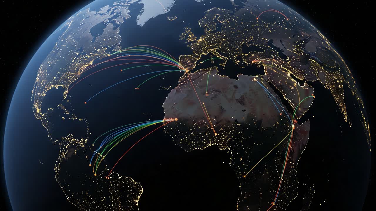 Global Connectivity: A Stunning Visualization of International Data Transfer Routes Captured from Space, Highlighting the Intricate Network Circling the Earth