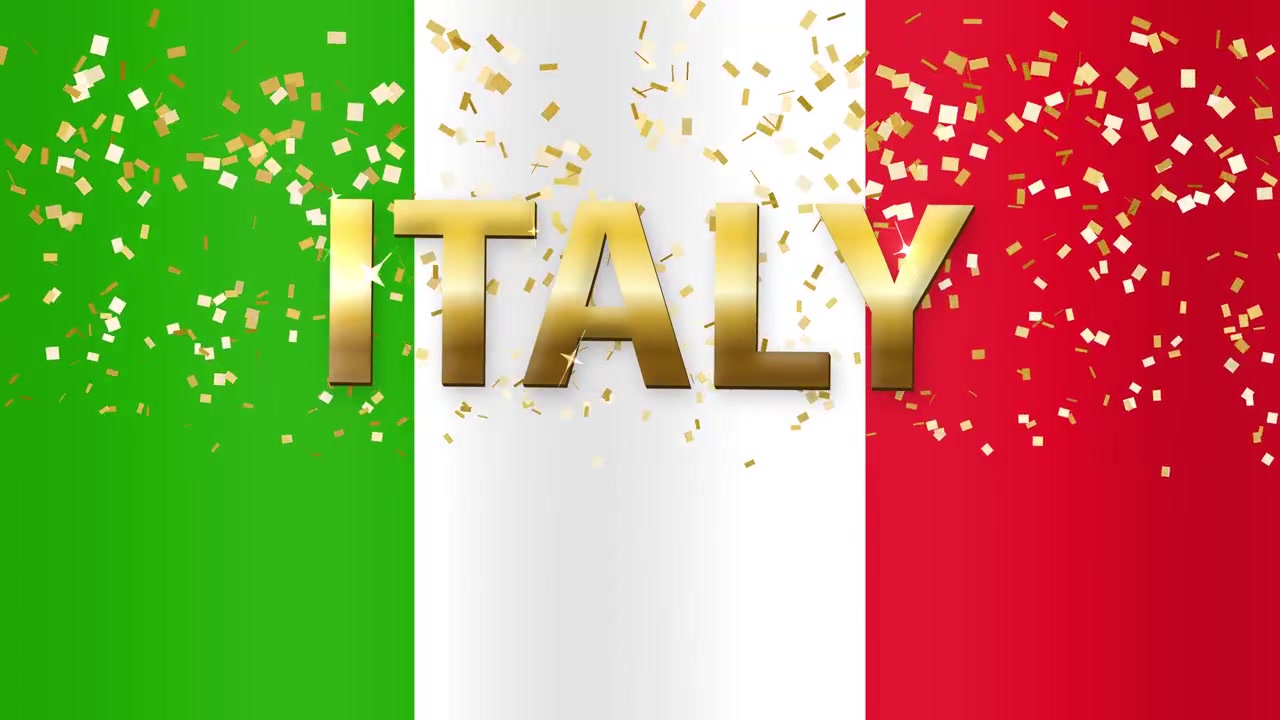 Sfondo animato con bandiera italiana che sventola, testo 3D dorato e coriandoli dorati scintillanti che cadono