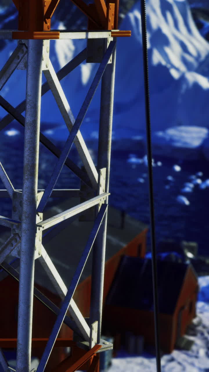 Tower structure and buildings near icebergs in a cold region during daylight
