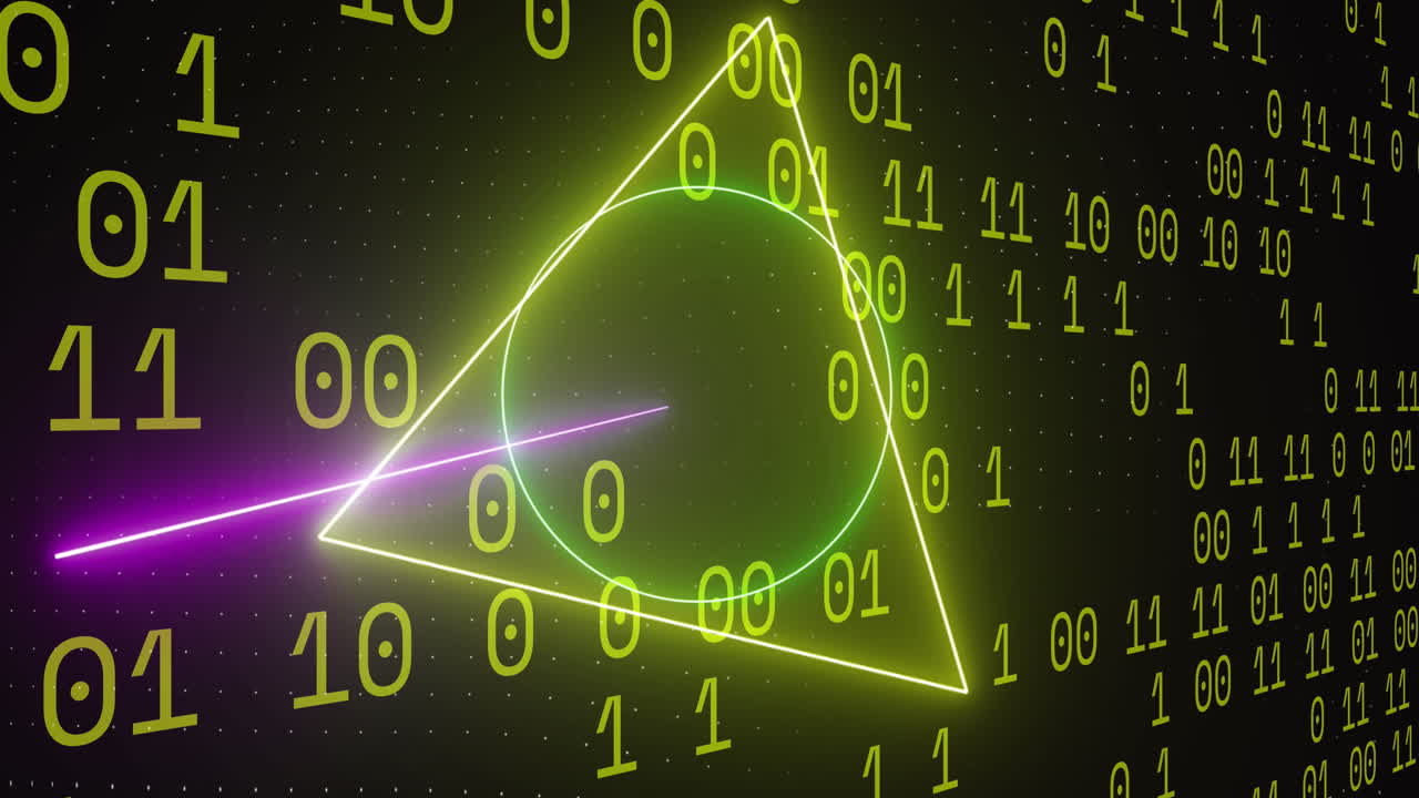 Animation of binary coding data processing over neon shapes
