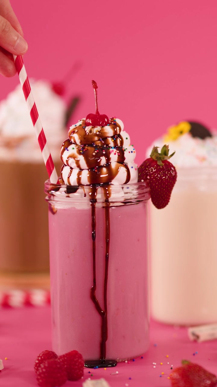 Una mano posiziona una cannuccia a strisce in un frappè rosa alla fragola guarnito con panna montata, cioccolato, ciliegia