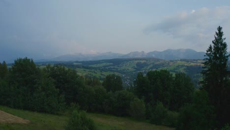 Drone-Aerial-Crane-Shot-showing-trees-with-foliage-and-distant-mountains