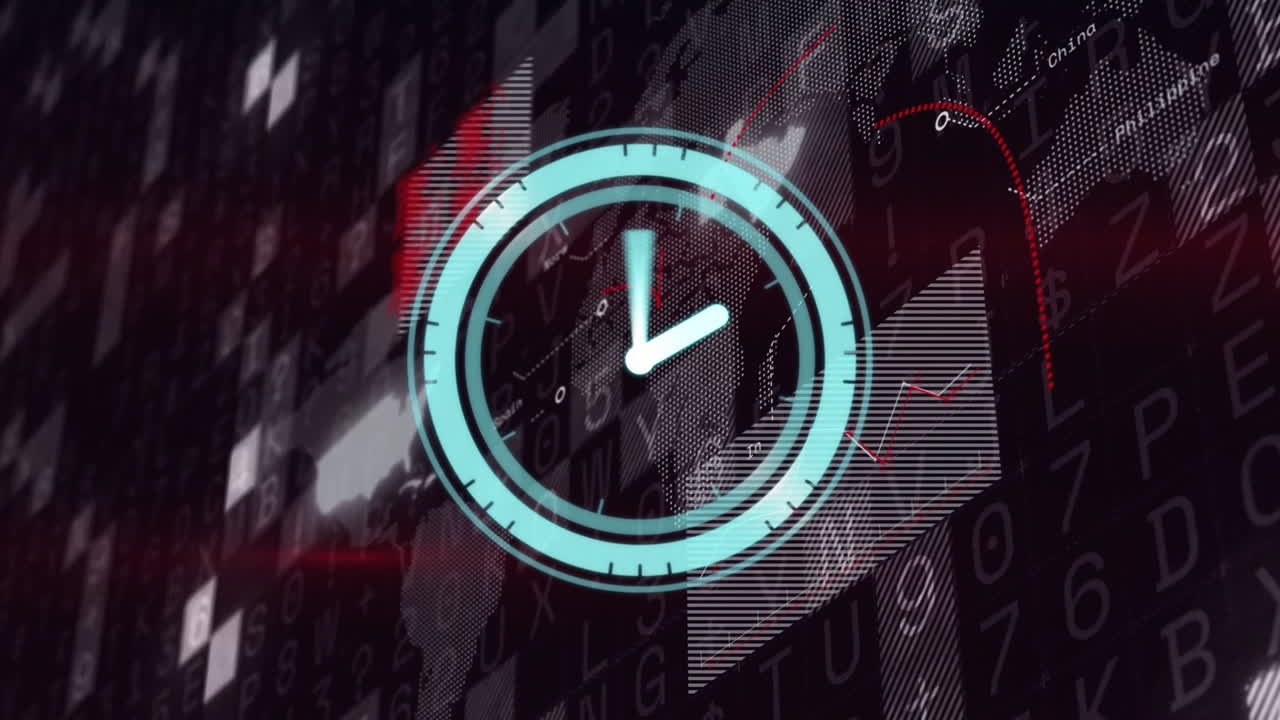 Clock animation over digital data and graphs with numbers and letters