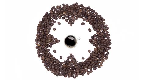 hora del café - taza de café negro y reloj de granos de café, animación de bucle sin costuras aislada sobre un fondo blanco