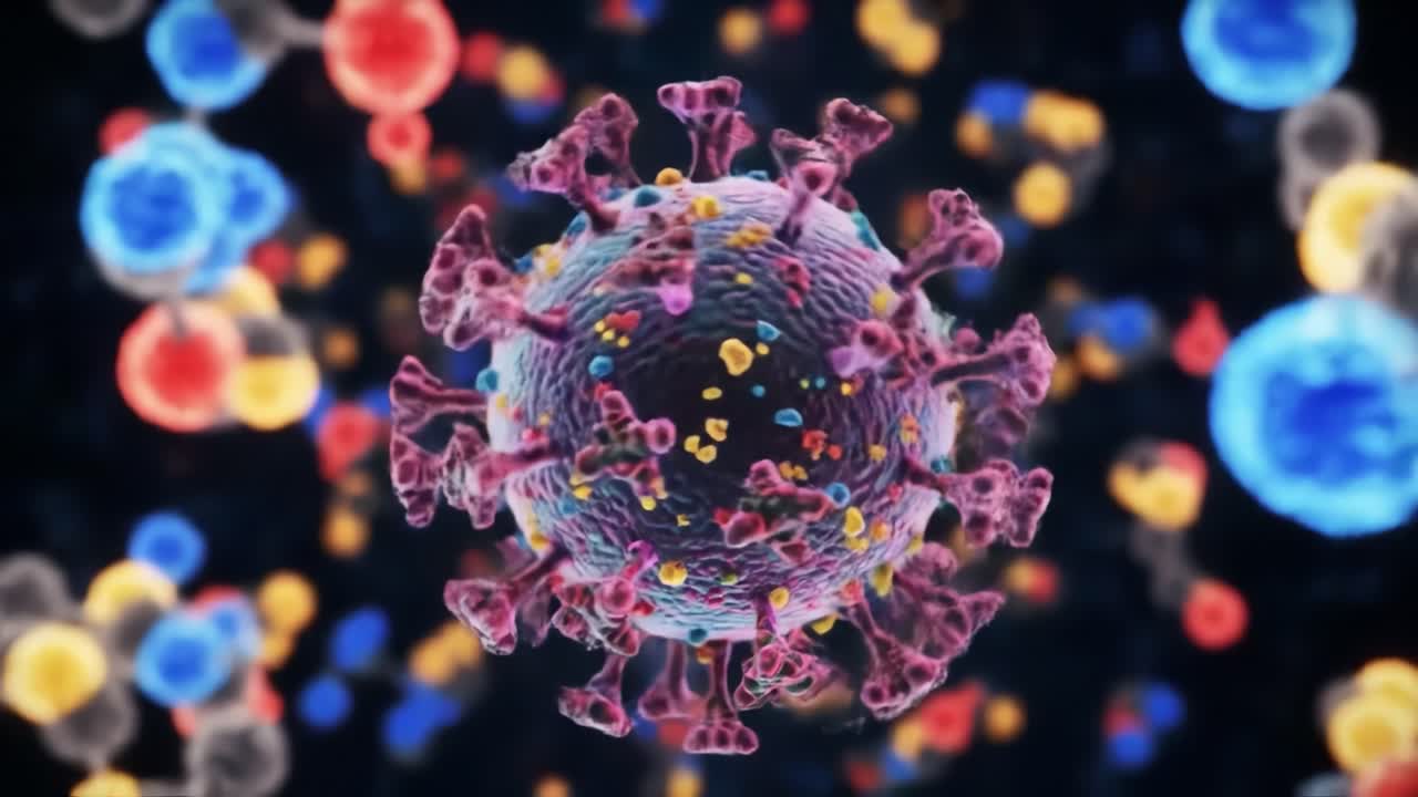 A 3D Visualization of a Virus Structure Captured in Two Frames Highlighting Its Complex Design and Interaction with Surrounding Particles
