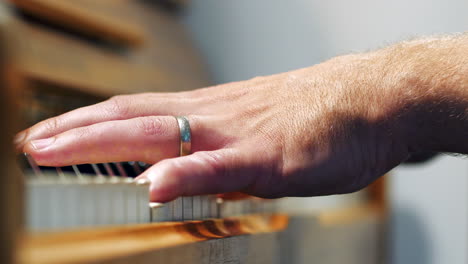 primo piano delle dita del pianista che suonano il pianoforte, panoramica lenta, profondità di campo ridotta