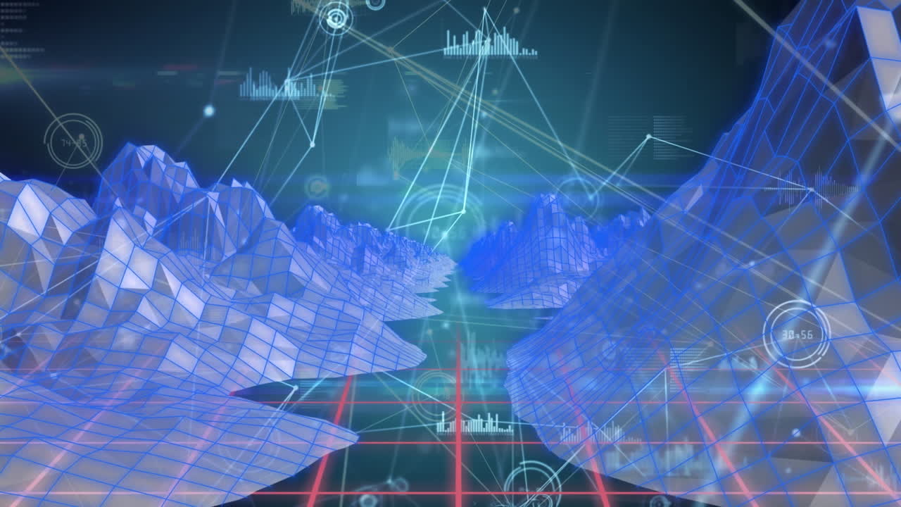 데이터 처리, 연결 네트워크 및 검은 바탕에 있는 3d 모델의 애니메이션