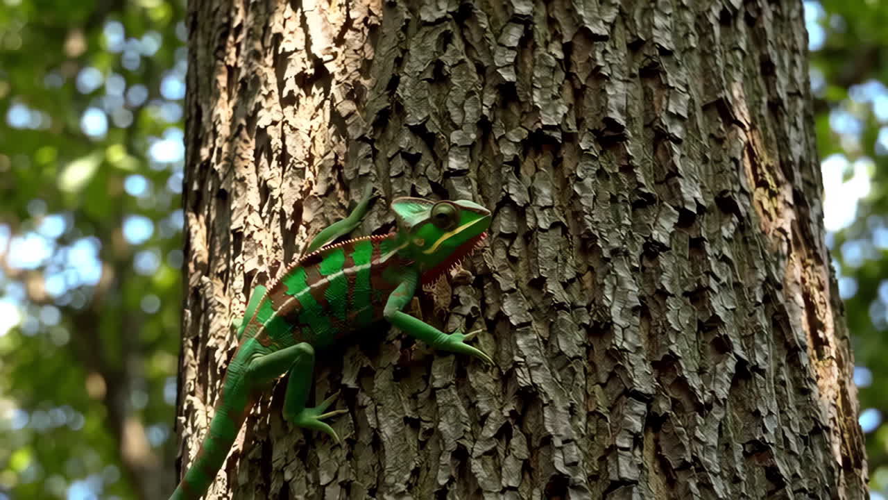 Chameleon on Tree in Forest