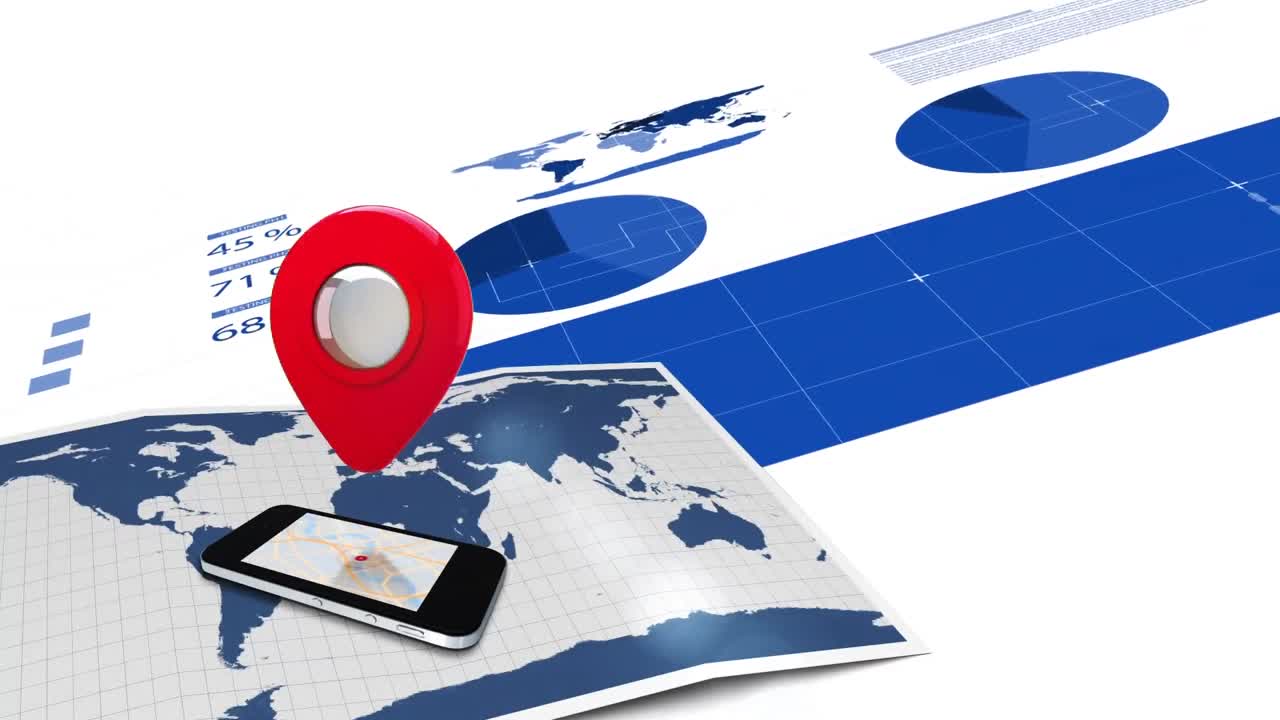 animación del pin de ubicación rojo, el teléfono inteligente y las estadísticas de procesamiento de datos