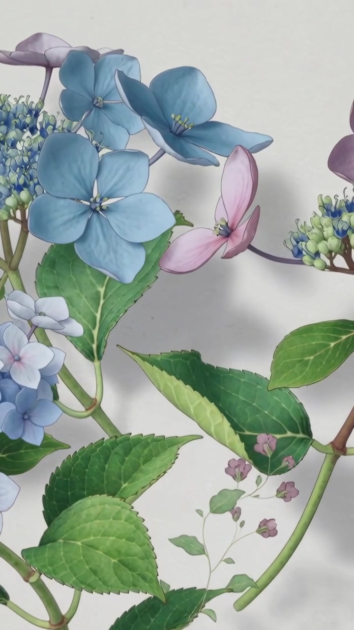 Vertical video: Panning camera across mural on pale wall, revealing blue flowers and pink butterfly