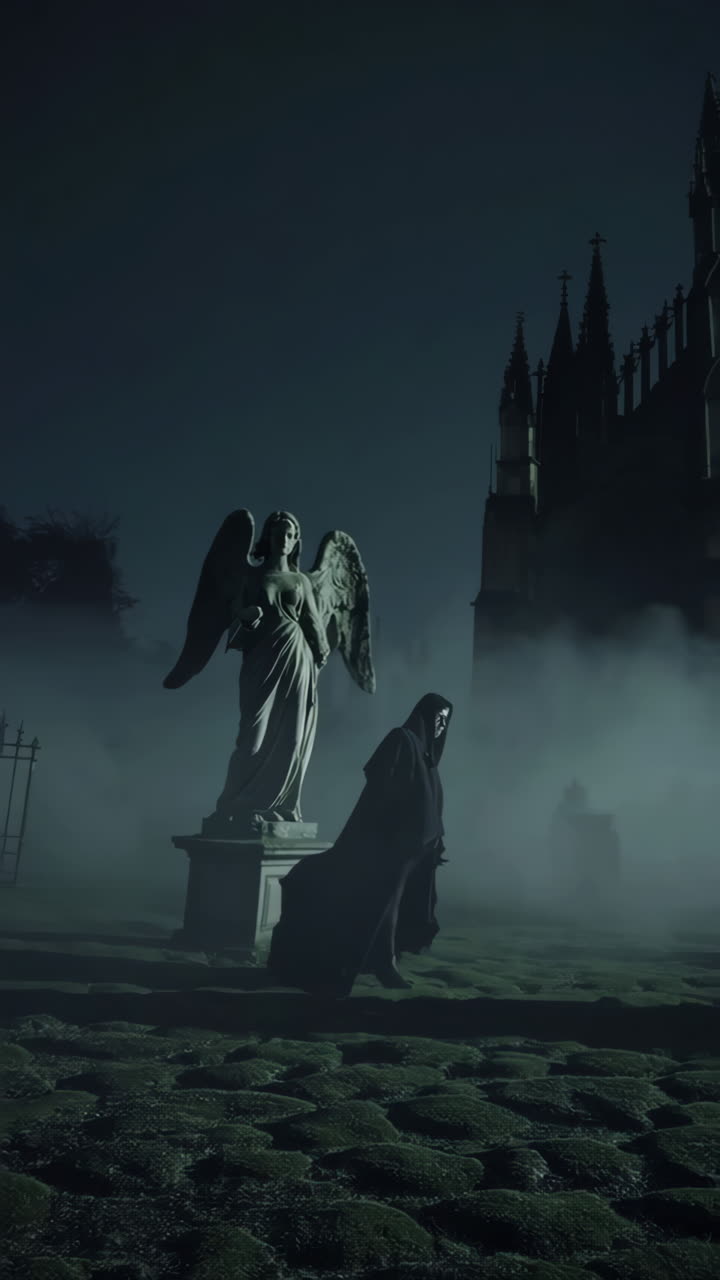 Chiesa gotica di notte con figure nella nebbia