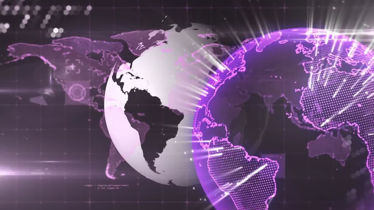 animación digital de dos globos girando sobre el mapa del mundo contra un fondo gris