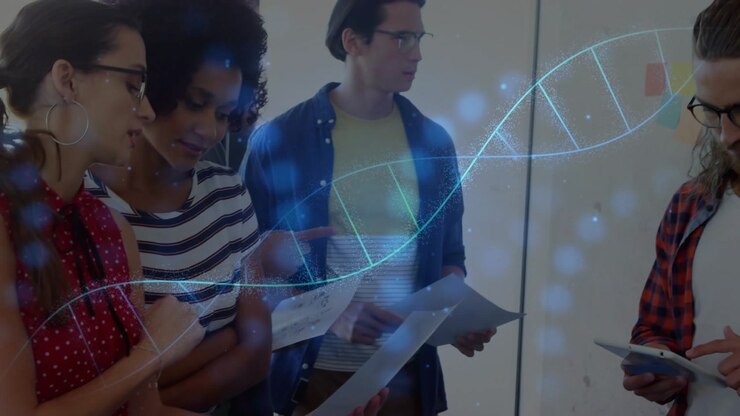 Polka-dot woman pointing at papers and phone, leading team, helix overlay intensifying in science