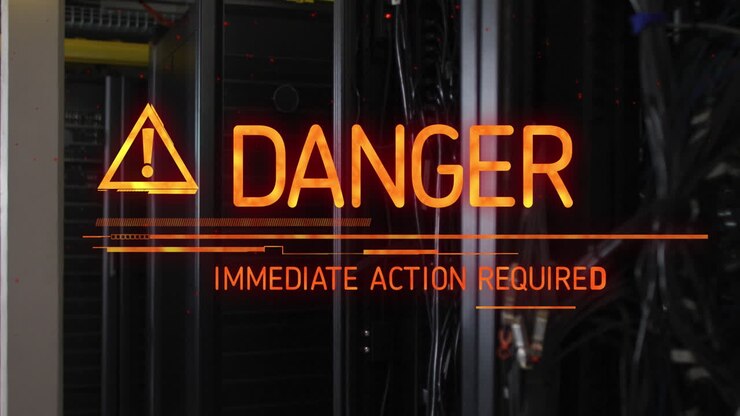 Animation of danger text banner against close up of a computer server