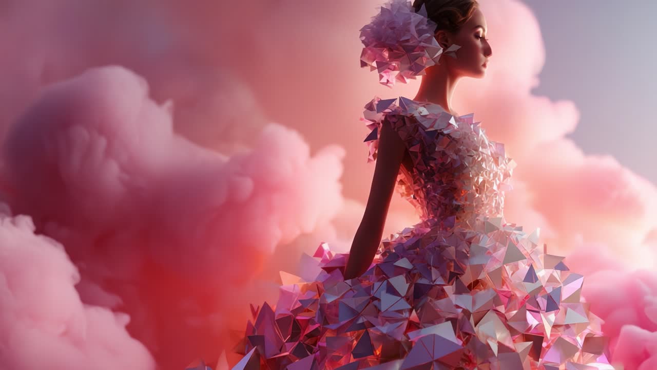 Woman in a pink dress standing in front of pink clouds