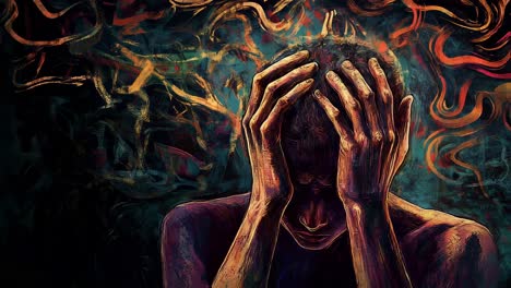 Mental health struggle visualized through expressive painting, depicting male figure experiencing deep emotional distress with abstract smoke like elements surrounding vulnerable pose