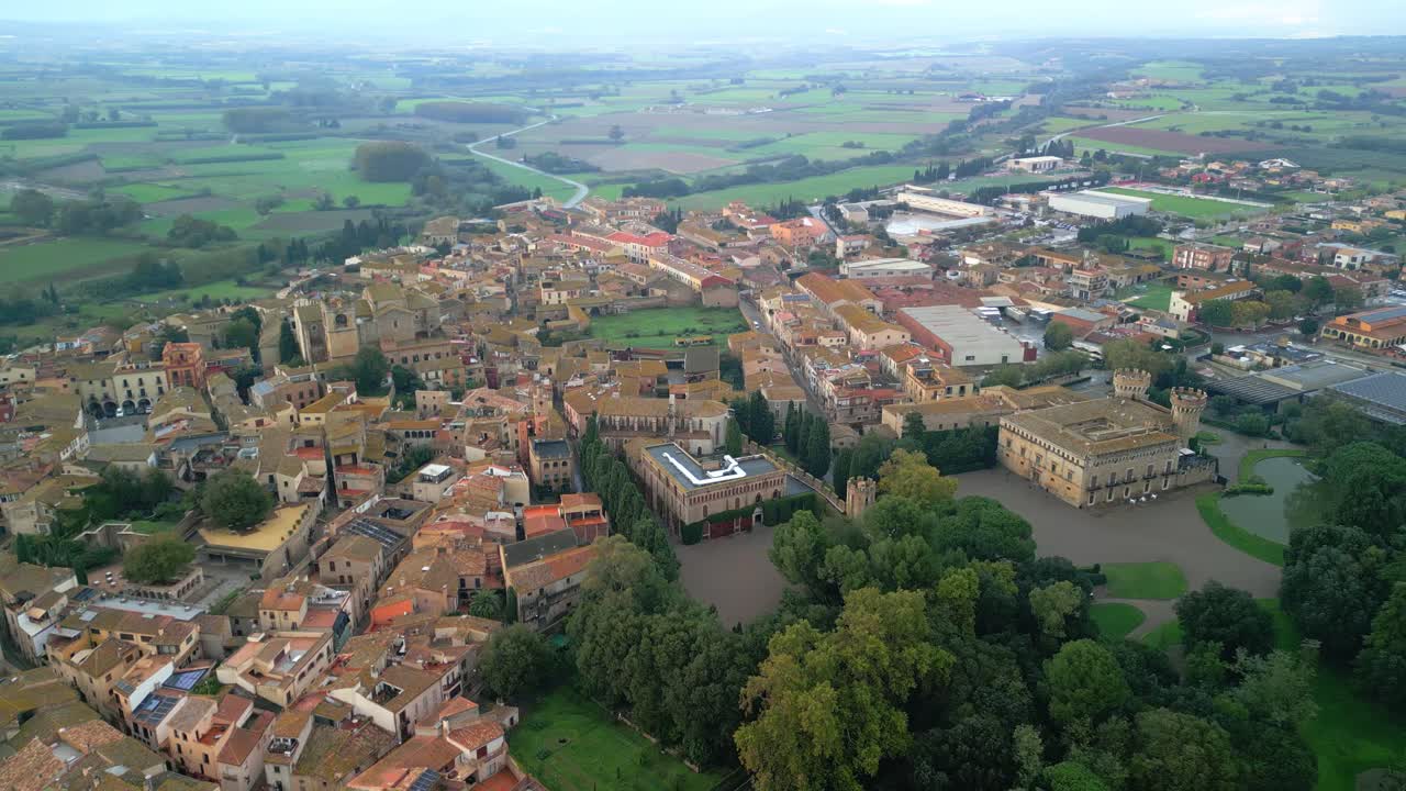 drone in peralada castle in costa brava of girona aerial view cloudy day