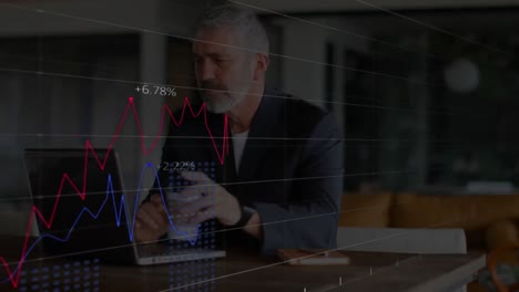 animation of financial data processing over caucasian businessman using laptop