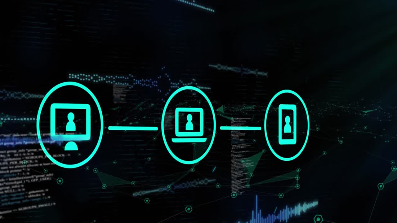Animation of data processing and media icons over black background