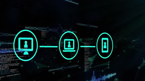 animación de procesamiento de datos e iconos de medios sobre un fondo negro