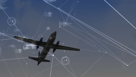 animation of global network of connections with an aeroplane flying in the background