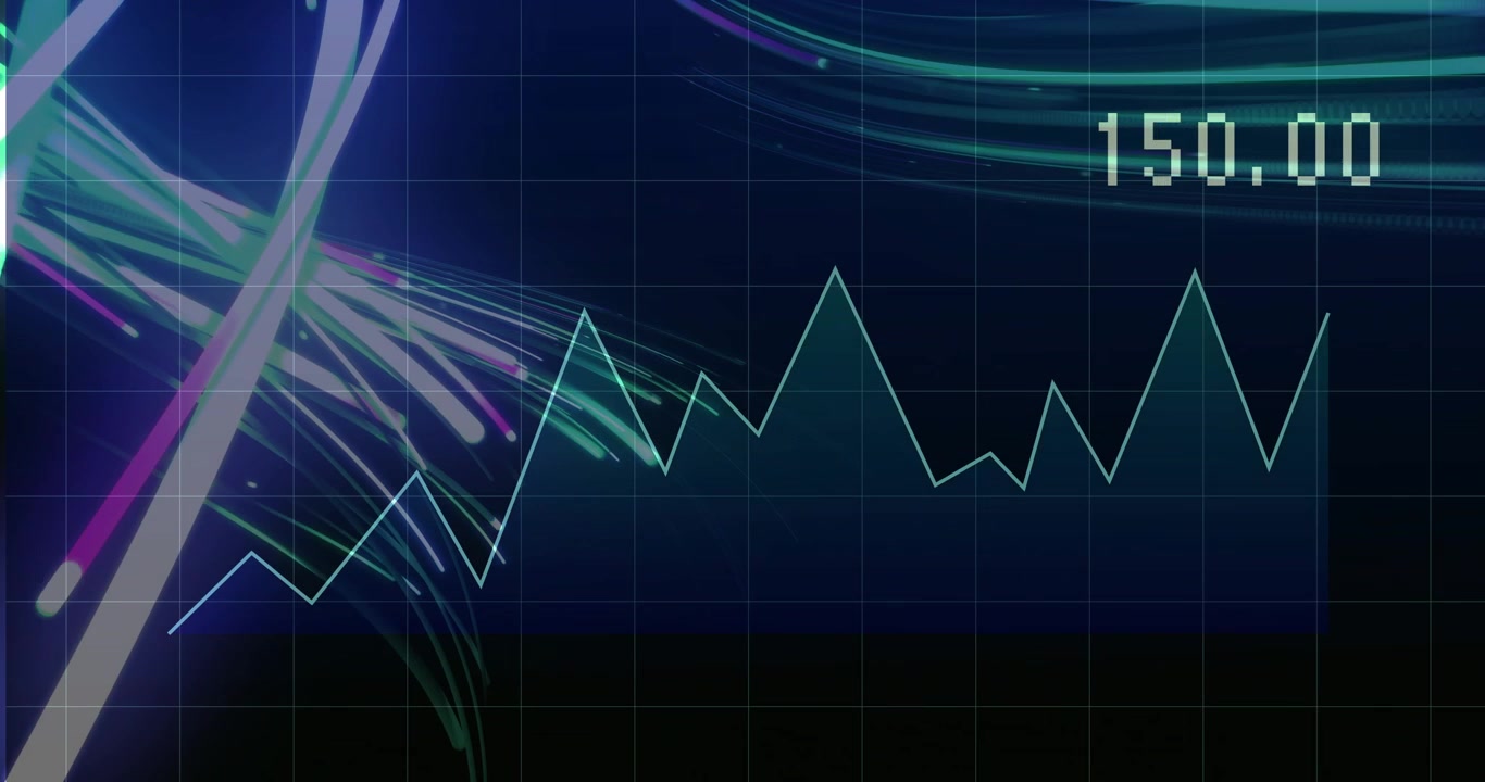 Finance panel starting with neon streaks and numeric readout, drawing jagged chart showing trends