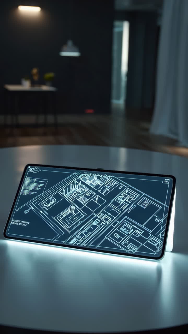 Digital Tablet displaying Architectural Plan in Modern Interior