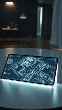 digital tablet displaying architectural plan in modern interior