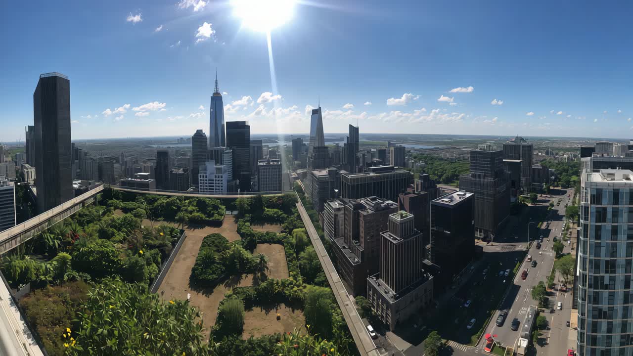 Panoramic Cityscape View with Rooftop Garden