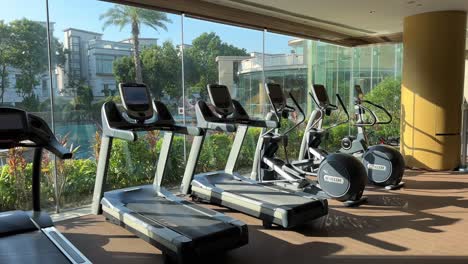 luxury estate gym with treadmills overlooking wealthy estate