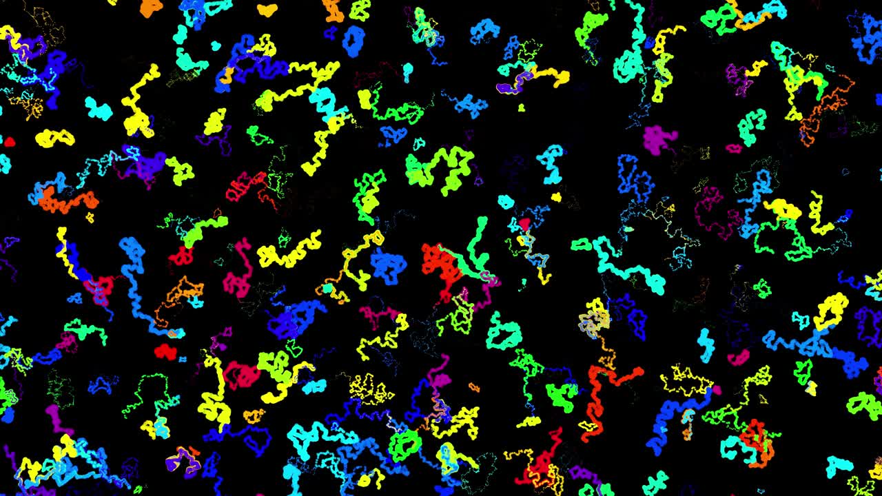 Abstract creative looped bg with curled lines like trails of different colors. Lines form swirling pattern like curle noise. Abstract 3d looping flowing animation as bright creative festive background