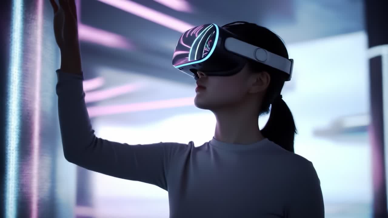 A person engages with an interactive digital environment using virtual reality gear in a contemporary setting filled with ambient lighting.