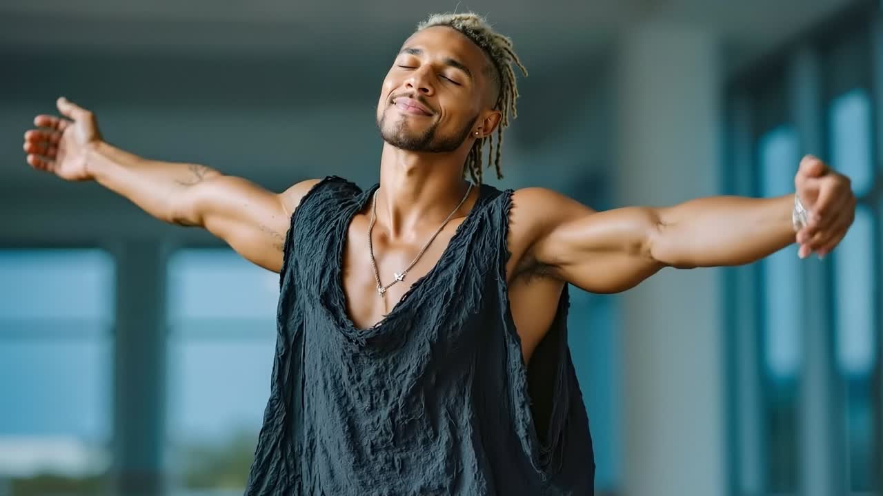 A man with dreadlocks standing in a gym with his arms outstretched