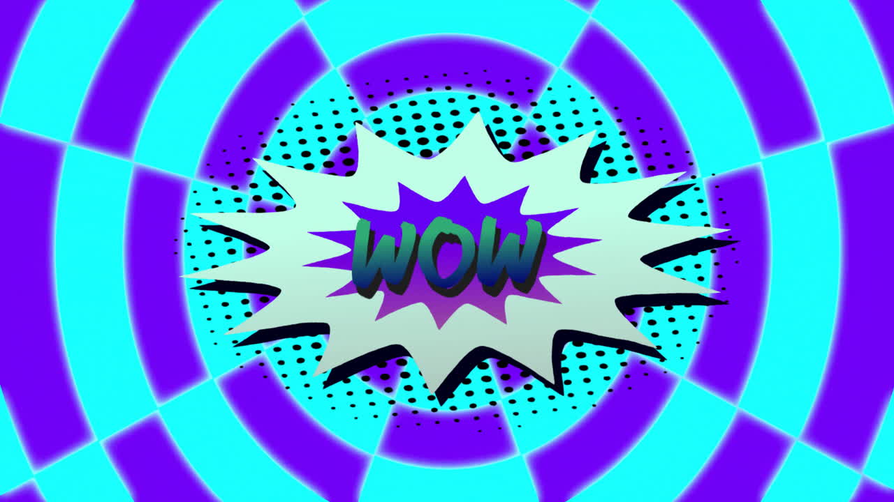 Animation von „Wow“-Text über einem retro-lebendigen Musterhintergrund.