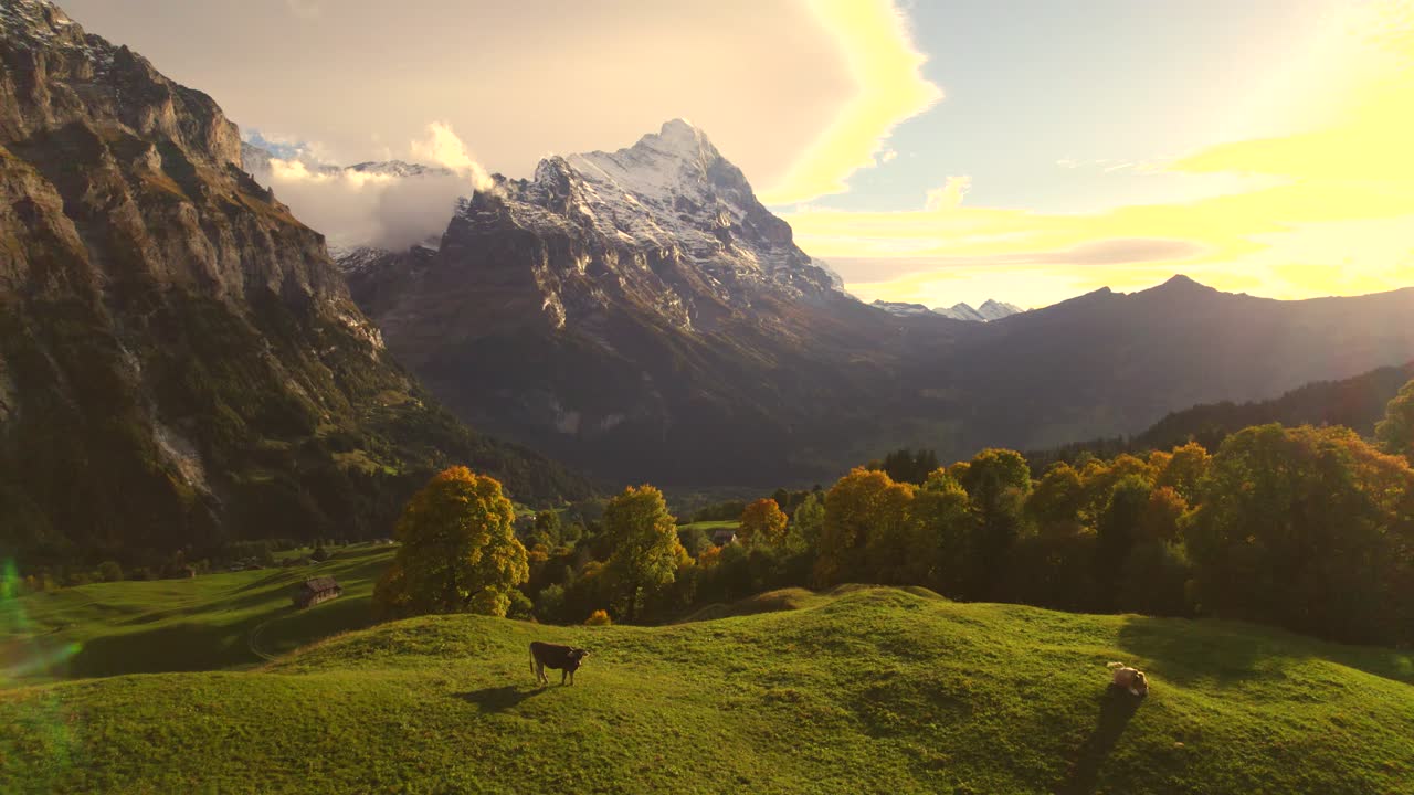 imagens de drones aéreos avançando sobre plátanos em direção ao monte eiger, impressionantes nuvens lenticularis