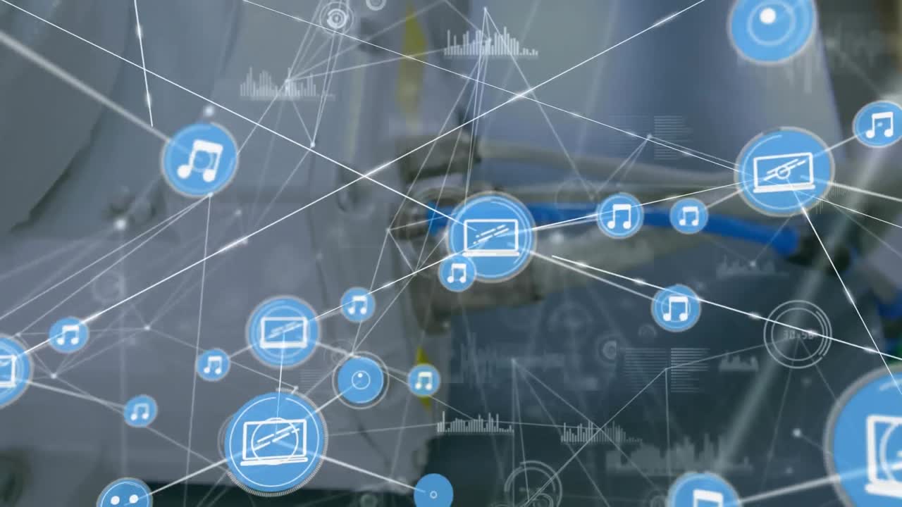 컴퓨터 서버를 통해 아이콘을 가진 연결 네트워크의 애니메이션