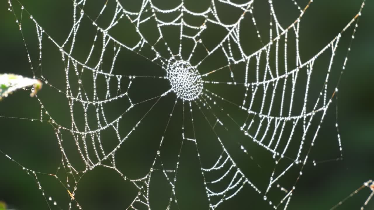 A Stunning Close-up View of a Spider Web Adorned with Glimmering Dew Drops, Showcasing Intricate Patterns and Nature's Artistry Captured in Two Frames