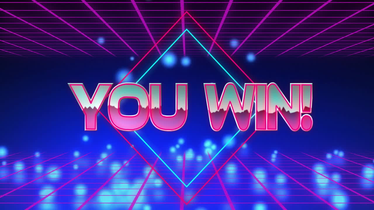 빛나는 조명과 함께 네온 그리드 배경에 텍스트 애니메이션을 승리