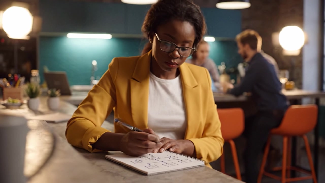 Focused Woman in Yellow Blazer Sketching Ideas in Notepad at Vibrant Workspace with Casual Atmosphere and Colleagues in the Background