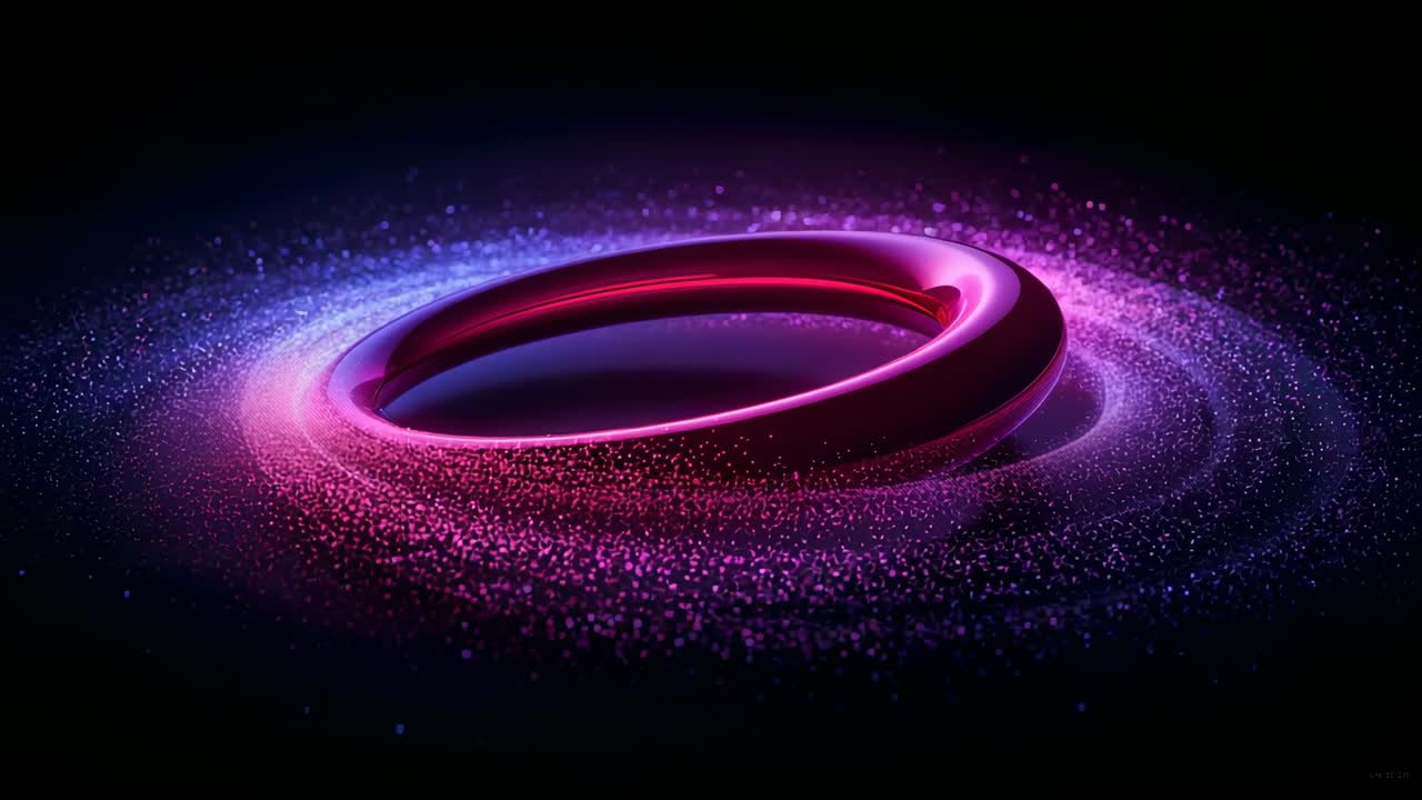 Appearing glowing torus rotating in void, with shifting magenta violet hues pulsating particle halo